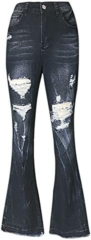 ג'ינס לנשים מכנסי התלקחות עם מותניים רכים רכים קרעו מכנסי רגל רחבים של מכנסי רגל רחבים שהרסו ג'ינס חצוצרה ג'ינס