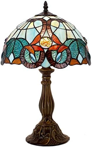 מנורת שולחן טיפאני ויטראז 'מנורה שליד המיטה ירוק כחול פרחוני שולחן קריאת אור 12 על 12 על 18 אינץ' עיצוב חדר שינה סלון משרד ביתי סדרה 802