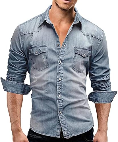 חולצת ג 'ינס שרוול ארוך של גברים מזדמנים כפתורים המערבי רגיל מתאים חולצות רזה מתאים שטף ז' אן חולצה