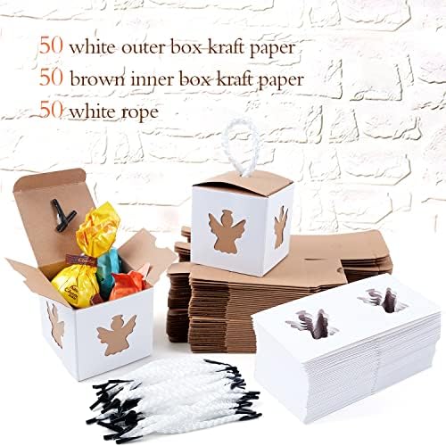 ממונו 50 מארז קופסאות טובות בתפזורת, 2איקס 2 איקס 2 קופסאות מתנה מנייר קראפט לבן עם מכסים, קופסת מתנה קטנה עם חבלים, קופסת ממתקים לטובת