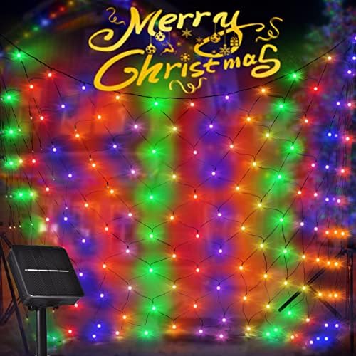9.8 רגל x 6.5 רגל אורות נטו סולאריים לחג המולד לחיצוניות, 200 מצבים 8 מצבים אורות מיתרי רשת אורות חיצוניים סולאריים לעץ חג המולד, גינה,
