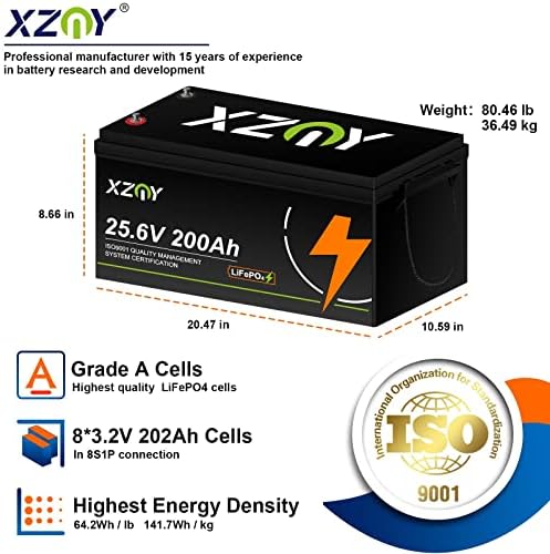 XZNY 24V 200AH LIFEPO4 סוללה, 5000+ מחזורים נטענים 200AH LITHIUM סוללה 5.12KWH מחזור עמוק LIFEPO4 סוללה 24V סוללה, מושלמת לאחסון אנרגיה/מערכת