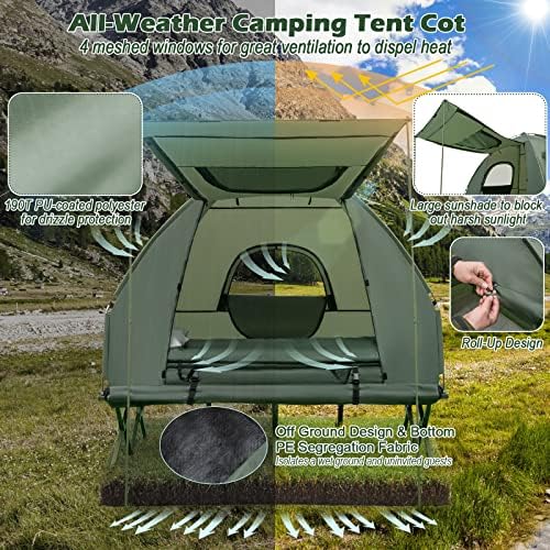 טנגקולה 5-in-1 מיטת אוהל, משולבת אוהל קמפינג עם סוכך, מזרן אוויר, שק שינה, כרית אוויר, מיטת קמפינג, אוהל מיטת יחיד מוגבה עם שקית נשיאה