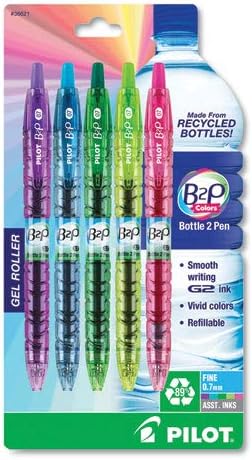 צבעי B2P בקבוק 2-עט-עט ממוחזר עט דיו ג'ל נשלף, מגוון, .7 ממ, 5/חבילה