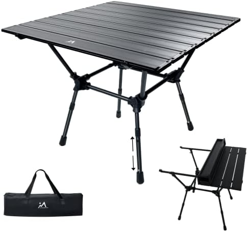 שולחן קמפינג נייד של Sunriseland שולחן 25x25 '' אלומיניום גדול עם רגליים מתכווננות מתקפל שולחן יציב כבד 220 קילוגרם