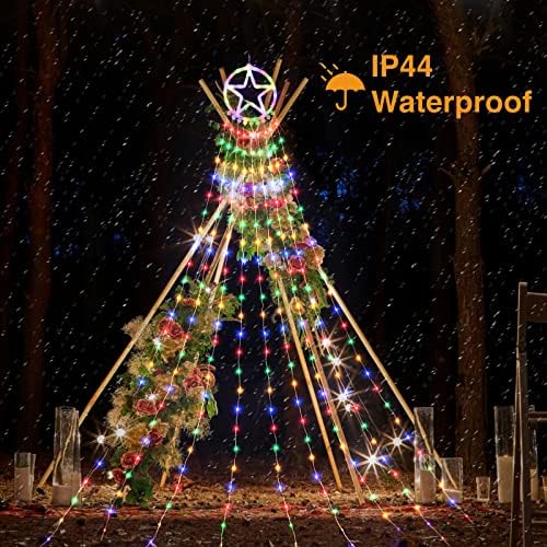 קישוטי חג המולד חיצוניים אורות עץ עם מרחוק, 10.4ft 324 אורות מפל ארוכים 8 מצבים וטיימר אורות מיתרים לחג המולד עם כוכב טופר למסיבת בית