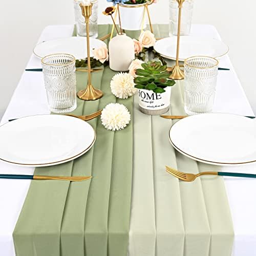 12 מארז מחנאות בגובה 10 רגל & רץ לשולחן שיפון ירוק מרווה 28 על 120 אינץ ' רץ לשולחן בד שיפון שקוף עיצוב שולחן רומנטי לחתונה, אירועים,