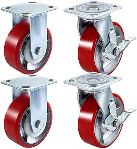 גלגל גלגלים של Kizqyn 4 חבילה 6 x 2 כבד ליבת ברזל גלגלים פוליאוריטן 2 קשיחים ו -2 גלגלים מסתובבים עם בלם צדדי 1000 קילוגרם לכל גלגית ריהוט