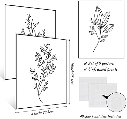 אאוטוס 9 חתיכות אמנות קיר צמחית בוטנית, צמחים לבנים שחורים פרחים מופשטים פרחים מינימליסטיים תפאורה קיר לקיר למטבח אמבטיה תמונות עיצוב