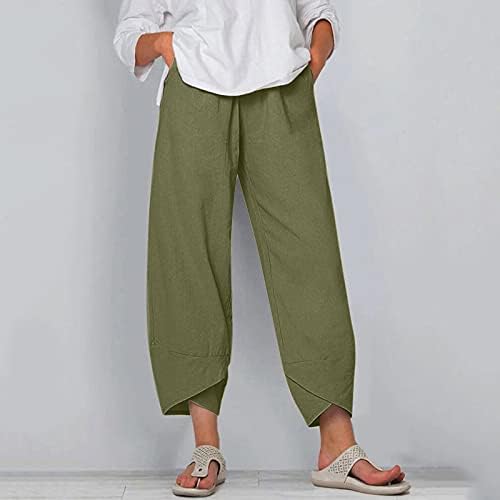 מכנסי פשתן כותנה לנשים מותניים אלסטיים קיץ רחב מכנסי חוף רגליים רגועות מכנסי טרנינג מוטות מזדמנים עם כיסים