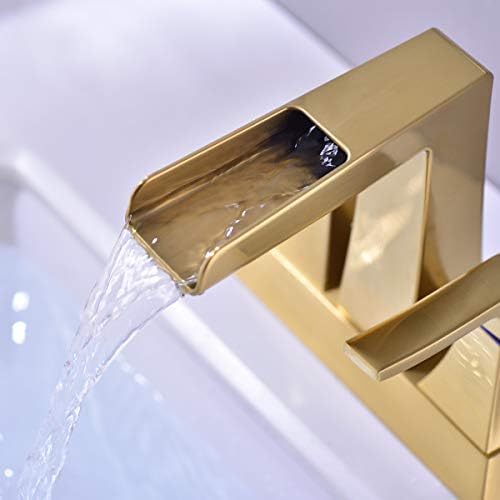 ברז חדר אמבטיה מפל זהב מוברש עם מכלול ניקוז פופ -אפ של הצפה, 2 ידית מרכזי 4 אינץ 'זור