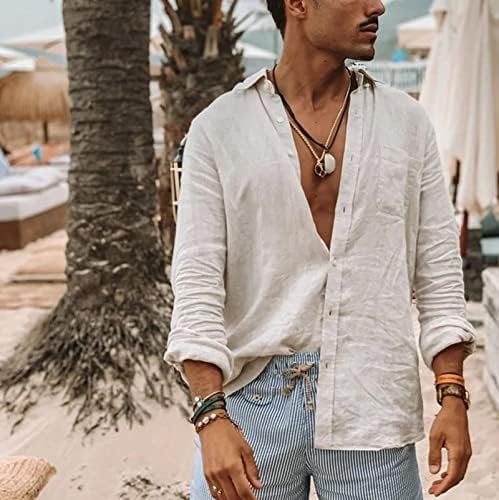 DGHM-jlmy צבע אחיד של גברים כותנה פשתן חולצה רופפת כפתור מזדמן כפתור למטה חולצות דש רופף שרוול ארוך חולצת קיץ