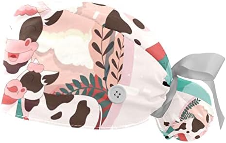 ציפור צמח קקטוס מצויר ביד 2 PCS כובעי בופנט מתכווננים עם כפתורים וכיסויי עניבת ראש סרט זיעה