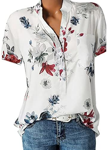 חולצות קיץ של yubnlvae לנשים שרוול קצר כושר רופף כפתורי S-5xL למטה פרחוני טרנדי פרחוני V צוואר צוואר צוואר