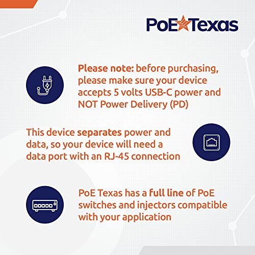 POE TEXAS POE POWER למכשירי USB-C, כולל WIFI Google & Raspberry PI-למערכות קופה, שילוט דיגיטלי ועוד, 802.3AF POE עד 5 וולט מפצל, הרחב