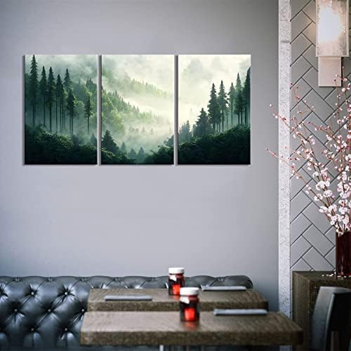 אמנות קיר יער ערפילי לסלון ירוק הרים נוף ציור קנבס משרד חדר שינה אמנות קיר ממוסגרת, 16 x 24, 3 יצירות