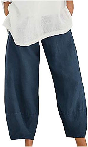 מכנסי פשתן Badhub נשים מכנסי קיץ בצבע אחיד מזדמן עם כיסים נוחים מותניים אלסטיים רופפים מכנסי רגל רחבים כותנה פשתן