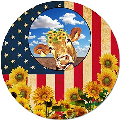 שלט פח מתכת עגולה מזג אוויר דגל ארהב פרה מצחיקה בחווה כחול שמיים אסם חמניות פרחים קלאסיים שלט בר קלאסי פוסטר של שלט זר וינטג '.