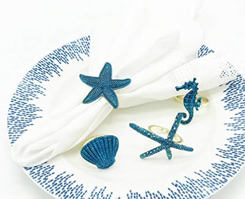 סגנונות FENNCO יצורי ים חוף טבעות מפיות מתכתיות, סט של 4 - מחזיקי מפיות ימיים כחולים לעיצוב ביתי, שולחן אוכל, אירועים, התכנסות משפחתית