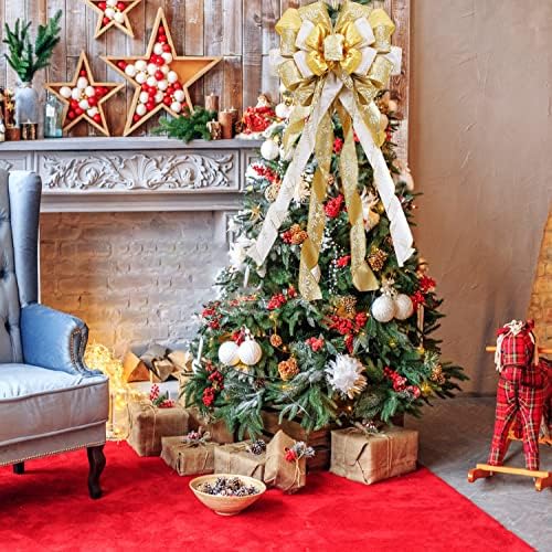 עץ חג המולד טופר טופרים גדולים קשת עם נחל נצנצים, סרט קטיפת זהב -קשת מתנה לקישוט חג המולד של חג המולד לחג המולד עץ עץ קישוטי מסיבת חג
