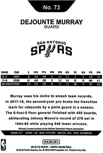 2018-19 Panini Hoops 73 Dejounte Murray San Antonio Spurs NBA כרטיס מסחר בכדורסל