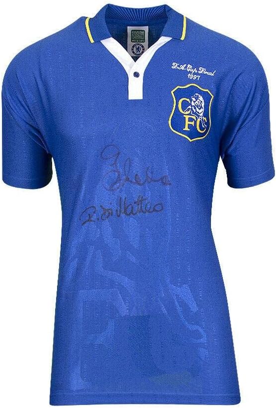 רוברטו די מטאו וג'יאנפרנקו זולה חולצת צ'לסי חתומה כפולה - 1997 גביע FA FINA - גופיות כדורגל עם חתימה