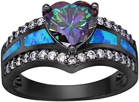 K תכשיטים מיסטיק קשת טופז כחול אש טבעת לב טבעת חתונה זהב שחור