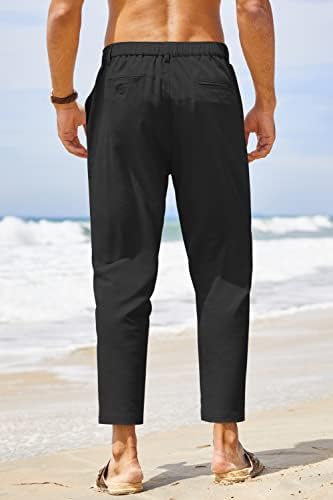 מכנסי פשתן כותנה של קואופנדי גברים מותניים אלסטיים מכנסיים מזדמנים קלים משקל קלים מכנסי חוף יוגה עם כיסים עם כיסים
