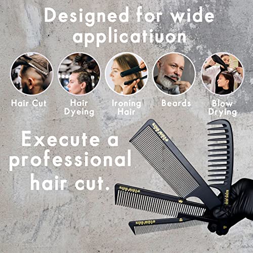 סט מסרק Barber של קינג מידאס - 4 יח 'מסרקי שיער מקצועיים בכיתה - מסרקי פחמן ארוכי טווח עמידים בחום - מסרק מוגדר לעיצוב שיער לכל סוג השיער