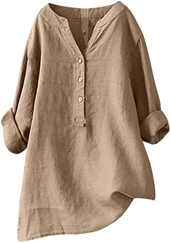 חולצות פשתן לנשים 2023 כפתור צמרות מזדמנים של קיץ נ 'צוואר 3/4 חולצות שרוול רופפות טוניקה טוניקה בתוספת חולצה בגודל