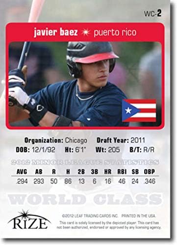 2012 דראפט עלייה עלים כיתה עולמית WC2 Javier Baez Cubs Puerto Rico MLB כרטיס בייסבול NM-MT