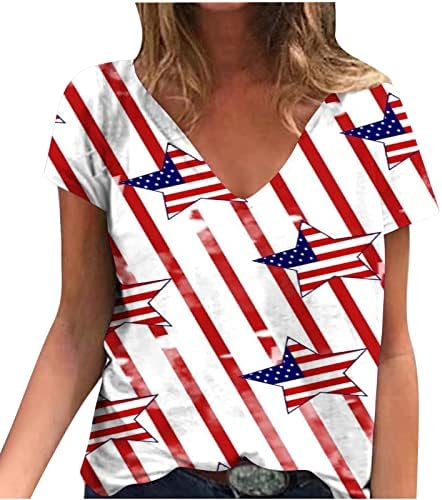 חולצות גרפיות של דגל אמריקאי AUSYST לנשים כוכבי 4 ביולי מככבים פסים מודפסים חולצות פטריוטיות נ 'צוואר שרוול קצר טיז