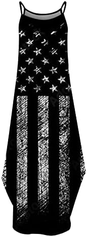 שמלות מקסי של Hcjkdu לנשים ללא שרוולים דגל אמריקאי הדפס שמלת השמש ארוכה