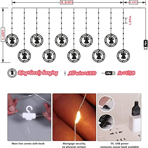 אורות מיתרי טבעת LED אורות מיתרים USB אורות וילון מופעלים 125 דופקים 10 טיפות זרימה הוגנת עם קישוטים בפעמון לשימוש מקורה במסיבה עץ חג