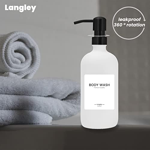 Langley 2 חבילה מתקן סבון זכוכית עם משאבה ומגשש מגש וינטג 'סבון חדר אמבטיה ומטבח סט סבון, סבון ידיים, קרם תוויות אטומות למים בקבוקים לבנים