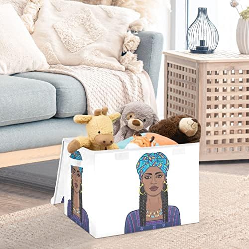 KRAFIG ציור צבעוני אישה שחורה קופסת אחסון מתקפלת קופסת קוביית קובייה גדולה פחים סלי מיכלים עם ידיות מכסים לארגון ארונות, מדפים, בגדים,