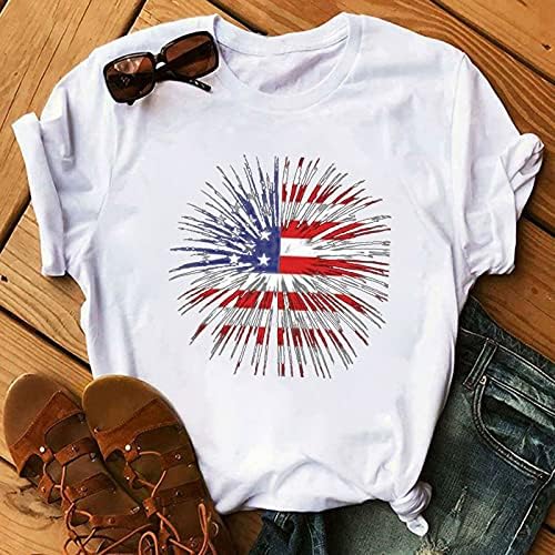 חולצת יום העצמאות של נשים 4 ביולי צמרות שרוול קצר אופנה חולצת טריקו דגל אמריקאי קיץ א-צוואר גרפי של צווארון